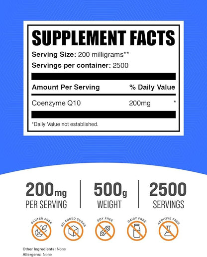 BulkSupplements.com Coenzyme Q10 Powder - CoQ10 Powder, CoQ10 200mg, CoQ10 Supplement - Heart Health Supplements, Gluten Free, 200mg per Serving, 500g (1.1 lbs) (Pack of 1)