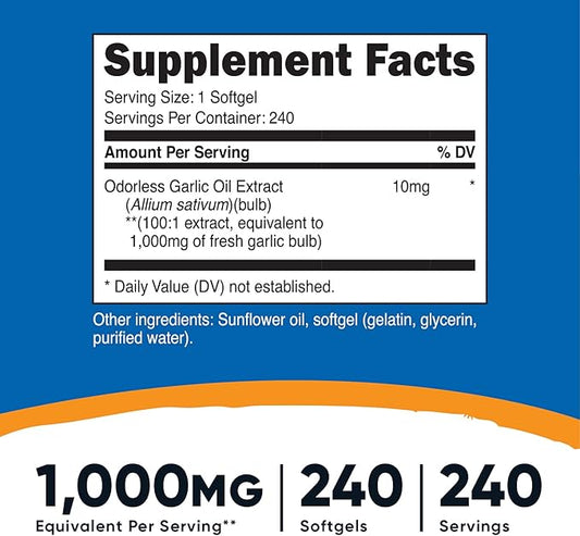 Nutricost Garlic 1000mg, 240 Softgels (2 Bottles) - Orderless, Premium Gluten Free Supplement