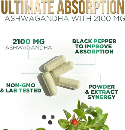 Herbal Ashwagandha 2,100 mg - Extra Strength Unwind, Calm & Relax Support with Black Pepper - Natural Focus & Energy Support - Ashwagandha Powder Supplements - Vegan, Gluten Free - 180 Capsules