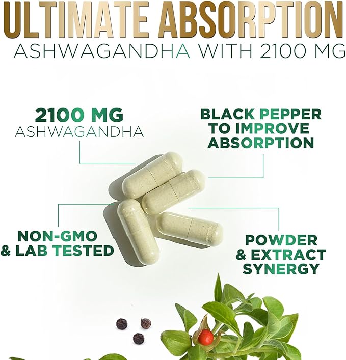 Herbal Ashwagandha 2,100 mg - Extra Strength Unwind, Calm & Relax Support with Black Pepper - Natural Focus & Energy Support - Ashwagandha Powder Supplements - Vegan, Gluten Free - 120 Capsules
