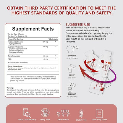 NAD Supplement 1000mg Pure Organic - NAD Supplements for Women & Men with Nicotinamide Riboside, Resveratrol, PQQ, Quercetin - NMN Supplement Alternative for Anti-Aging, Energy-30 Packets