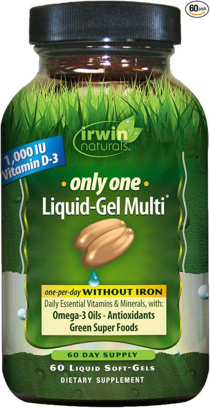 Irwin Naturals Only One Liquid-Gel Multi - 60 Liquid Softgels - No Iron Daily Essential Vitamins, Minerals, Antioxidants, Omega-3 & Green Super Foods