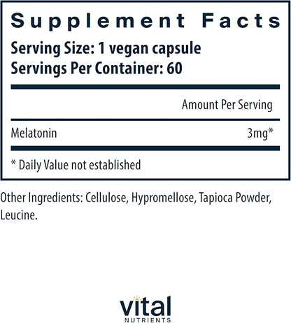 Vital Nutrients Melatonin 3mg | Vegan | Low-Dose Melatonin | Sleep Supplement to Support The Body's Natural Sleep Cycle* | Gluten, Dairy, Soy Free | 60 Capsules
