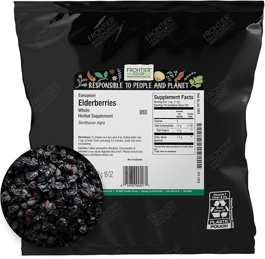 Frontier Co-op Dried Elderberries, 1lb Bulk Bag, European Whole | Kosher & Non-GMO Elderberry Dried Fruit for Elderberry Powder, Tea, Immune Support