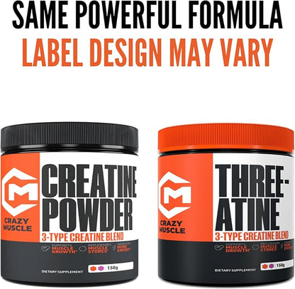 Crazy Muscle Creatine Monohydrate Powder, 5000mg Premium 3X ThreeAtine Pre Workout Mass Gainer, High Absorption Easy to Take Powder Optimum Performance for Men & Women, 30 Servings