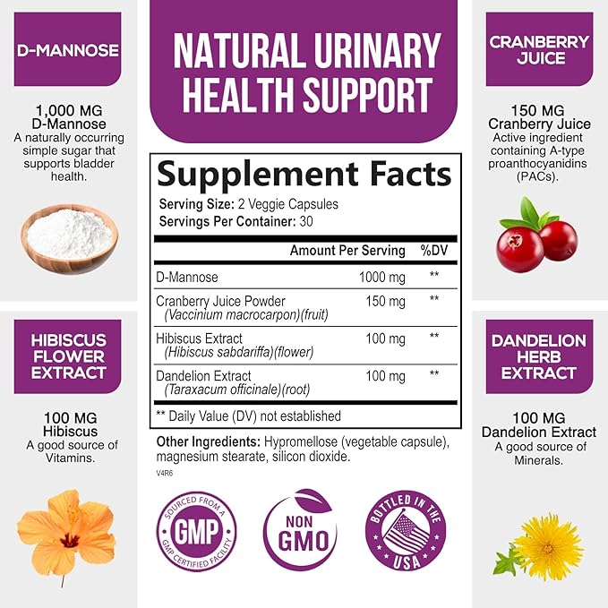 D-Mannose with Cranberry, Hibiscus & Dandelion 1350mg Advanced Formula – Urinary Tract Support Supplement for Women & Men – Flush & Cleanse Impurities – Non-GMO, Vegan for Women & Men – 60 Capsules