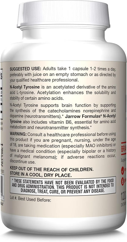 Jarrow Formulas N-Acetyl Tyrosine 350 mg, Brain Support Supplement, Dietary Supplement, Contains Vitamin B6 for Amino Acid Metabolism, 120 Capsules, 120 Day Supply