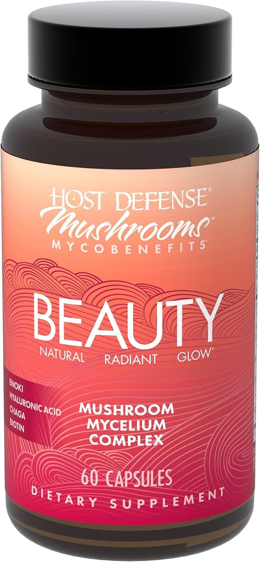 Host Defense MycoBenefits Beauty Capsules - Supplement for Healthy Hair & Nail Strength - Skin Elasticity & Health Aid - Mushroom Supplement with Biotin & Hyaluronic Acid - 60 Capsules (30 Servings)