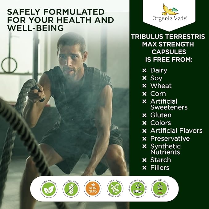 Organic Veda Tribulus Terrestris Extract Capsules for Men, 22000mg - Tribulus Terrestris Super Strength with Moringa & Black Pepper - Boost Energy, Stamina & Performance - Vegan, Non-GMO - 120 Count