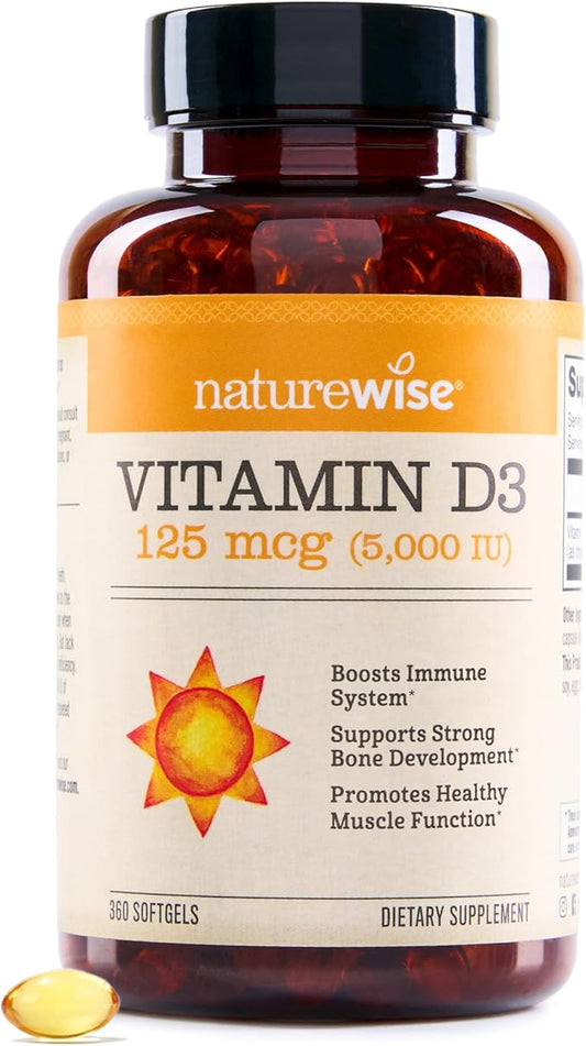 NatureWise Vitamin D3 5000iu (125 mcg) 1 Year Supply for Immune Support, Healthy Muscle Function, and Bone Health - Non-GMO, Gluten Free in Organic Extra Virgin Olive Oil, (Mini Softgel), 360 Count