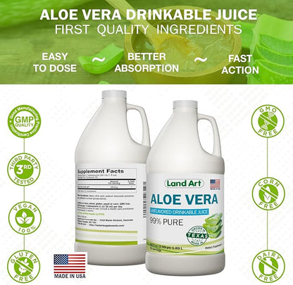 Pure Aloe Vera Juice Unflavored - Cold-Processed - Inner Filet from Organic Fresh Leaves from Texas - 64 fl oz
