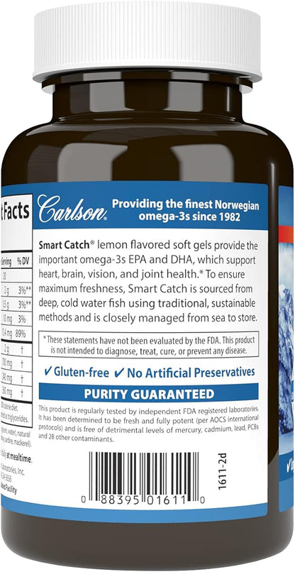 Carlson - Teen's Smart Catch, 700 mg Omega-3s, Cognitive Development, Brain Function & Vision Support, Lemon, 90 Softgels