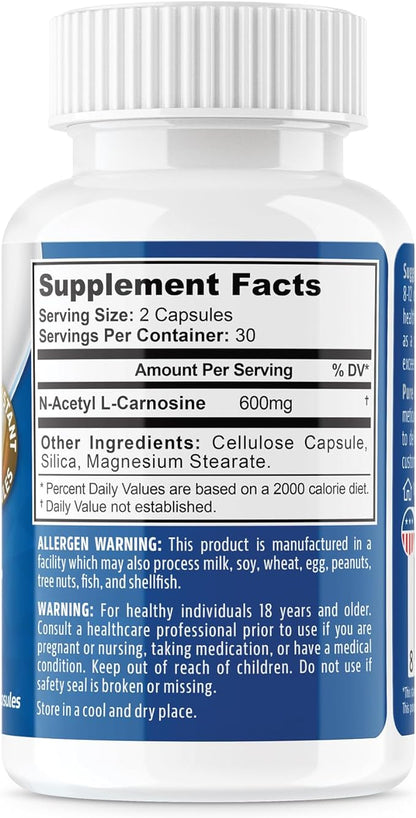NeuropAWAY Elements N-Acetyl-L-Carnosine 600mg 60CT Acid Resistant Capsules Third Party Tested Manufactured in a CGMP Facility