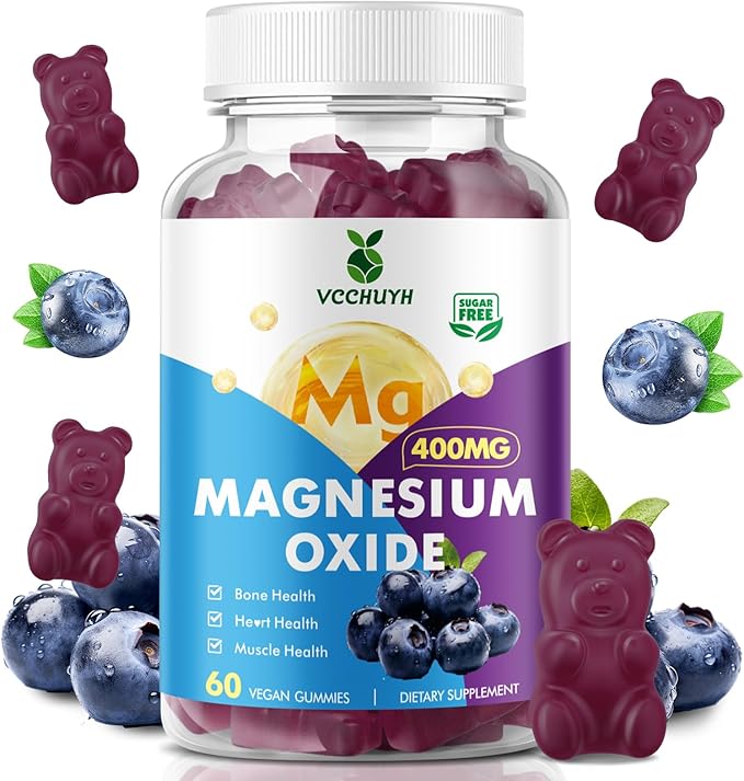 Magnesium Oxide Gummies 400mg, Sugar Free Magnesium Oxide Supplement for Adults & Kids, Muscle Support & Energy Boost, Non GMO, Blueberry Flavor 60 Count