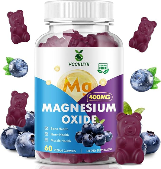 Magnesium Oxide Gummies 400mg, Sugar Free Magnesium Oxide Supplement for Adults & Kids, Muscle Support & Energy Boost, Non GMO, Blueberry Flavor 60 Count