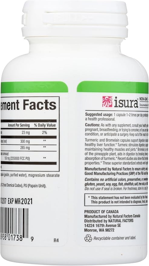 Natural Factors, Turmeric & Bromelain 450 mg, Muscle and Joint Support, 90 Capsules