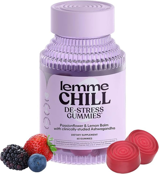 Lemme Chill Stress Relief Gummies with 300mg KSM-66 Ashwagandha, Lemon Balm, Passionflower & Goji to Support Relaxation, Healthy Cortisol & Sleep - Gluten-Free, Non-GMO, Mixed Berry (60 Count)