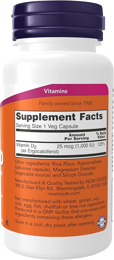NOW Foods Vitamin D-2 1000 IU High Potency - 120 Vegcaps, Pack of 3
