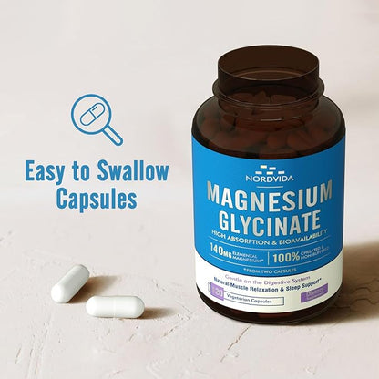 Magnesium Glycinate, 140 mg Elemental Magnesium Per Serving, Non Buffered, Max Absorption, Muscle Function, Nerve Health & Relaxation Support, 120 Vegetarian Caps