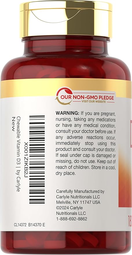 Carlyle Chewable Vitamin D3 2000 IU (50mcg) Tablets | 180 Count | Berry Flavor | Vegetarian, Non-GMO and Gluten Free