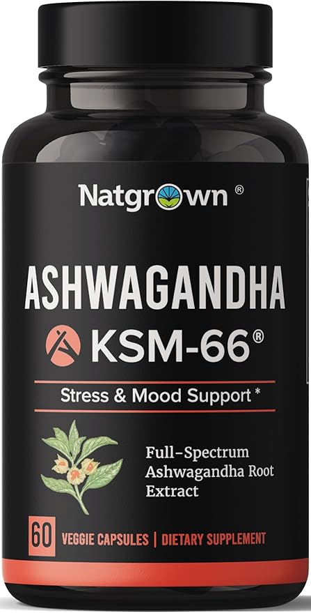Natgrown Ashwagandha KSM 66 Supplement 600 mg - Stress, Mood, & Athletic Support - Organic KSM66 Root Extract with 5% Withanolides - Vegan Capsules - 60 Count