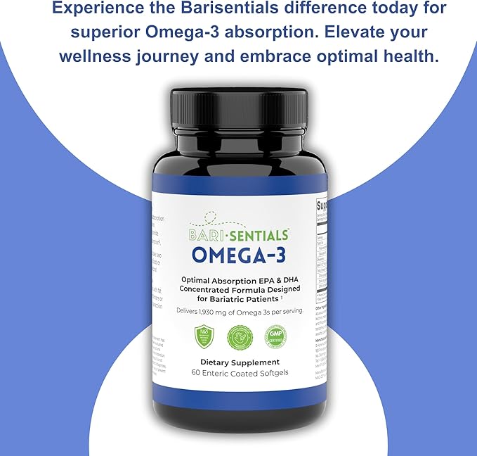Barisentials Omega-3 Supplement - 1,930mg EPA & DHA Per Serving- Designed for Bariatric Patients- High Absorption MAG-03 Technology - 60 Coated Softgels (1-Month Supply)