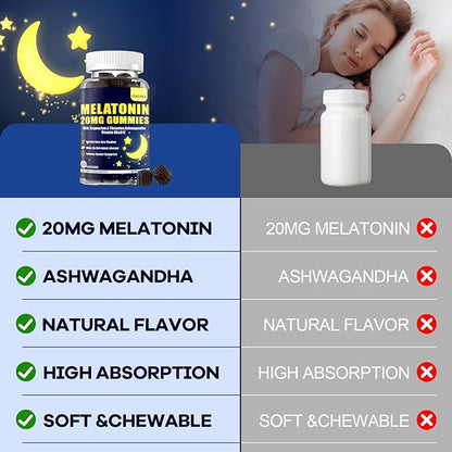 Melatonin 20mg Gummies for Women Men: Sugar Free Melatonin Supplement Extra Strength with Ashwagandha L-Theanine Magnesium Turmeric Vitamin D3 & B6 &B12 - Non-Habit Forming(60Count)
