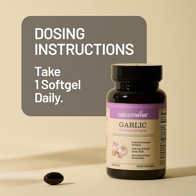 NatureWise Odorless Garlic Pills 1500 mg - with Royal Bee Jelly & Pollen - Herbal Supplement for Heart Health + Immune System + Antioxidants - Gluten-Free, Non-GMO - 60 Softgels [2-Month Supply]