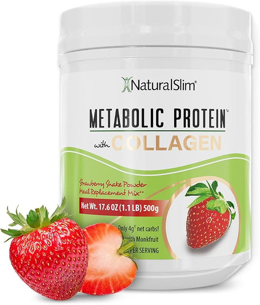NaturalSlim Metabolic Protein Powder with Collagen Strawberry - Hydrolyzed Collagen Protein Powder for Hair, Skin, Bone, Joint, and Metabolism - Low Carb Meal Replacement Shake Mix - 17.6 oz