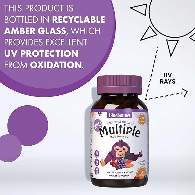 Bluebonnet Nutrition Rainforest Animalz Whole Food Based Multiple Chewable Tablets, Kids Multivitamin & Mineral, Vitamin C, D3, Iron, Gluten Free, Milk Free, Kosher, 90 Chewable Tablets, Mixed Flavors
