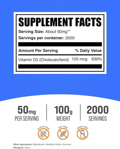BulkSupplements.com Vitamin D3 Powder - Cholecalciferol, 5000 IU - Gluten Free, 50mg (125mcg of Vitamin D3) per Serving, 100g (3.5 oz) (Pack of 1)