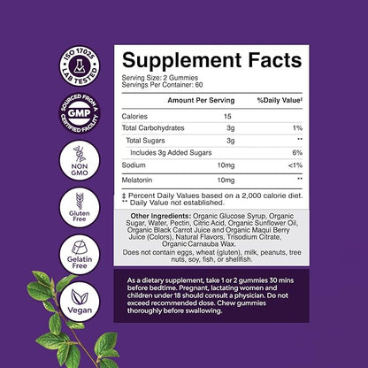 Organic Melatonin Gummies 10mg per Serving - Fast Acting Tasty Sleep Gummies for Adults Extra Strength Melatonin 10mg for Adults Enhanced Sleep Quality & Duration - Non GMO Organic & Vegan (60 Days)