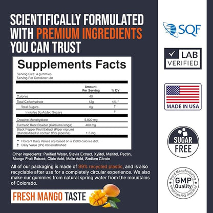 Creatine Monohydrate Gummies 5000 mg, Fresh Mango Flavor, 120 Sugar-Free Vegan Chews, Creatine Supplement for Daily Routine