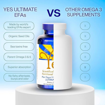 Fish Oil Omega 3 Supplements Alternative-YES Omega 3 & 6 Fatty Acid - Burpless, Plant Based - DHA, EPA, SDA - Cholesterol, Heart, Skin, Energy, Eyes, Immunity Support by YES (4 x 120 Gel caps)