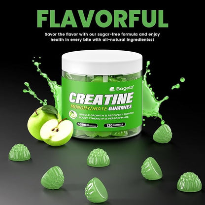 Creatine Monohydrate Gummies 5g for Men Women,Sugar Free Chewables Creatine Pre-Workout for Muscle Strength, Sour Green Apple, 120 Count