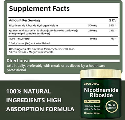Nicotinamide Riboside, Liposomal Nicotinamide Riboside, Resveratrol Quercetin Supplement for Vitality, Anti Aging, Energy, Focus, Actual Addition