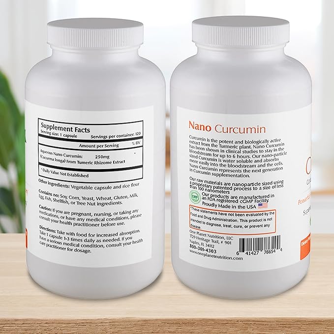Nano Curcumin 250 mg Veggie Capsules (120 Servings), Turmeric Extract, Nano for High Absorption, Supports Overall Health, Non-GMO, Vegan, Gluten-Free.