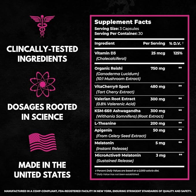8-in-1 All-Natural Sleep Aid Supplement for Recovery, Immunity, & Sleep Support | Organic Reishi & Valerian Root | Ashwagandha Root & VitaCherry Sport | Apigenin & L-Theanine | Melatonin & Vitamin D3