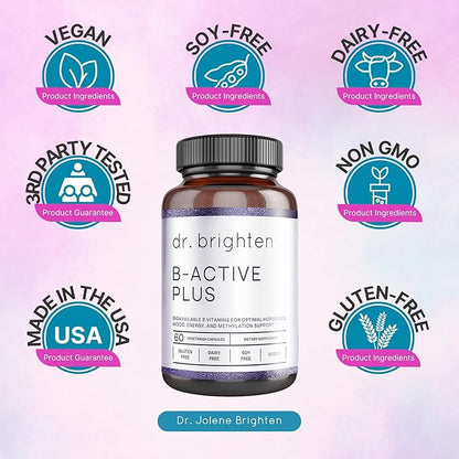 Dr. Brighten B-Active Plus — Vegan B Vitamin Supplement for Energy, Metabolism, Heart Health, Improved Memory — 60 Capsules