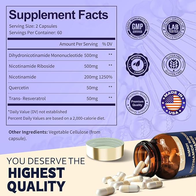 NMNH (Dihydronicotinamide Mononucleotide), NMNH Supplement w/Niacinamide (Vitamin B3), Quercetin, Trans-Resveratrol, Support NAD+, Skin Cell Health*, Anti-Aging & Energy, 120 Caps