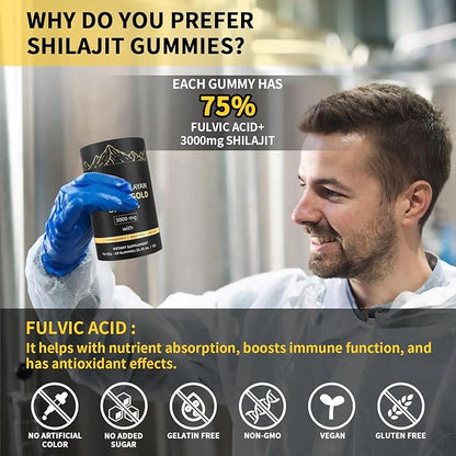 Shilajit Gummies, Pure Himalayan Shilajit Gummies Gold, No Added Sugar Non-GMO 100% Natural & Organic, Ashwagandha, Gokshura| Fulvic Acid & 85+ Trace Minerals for Men, Women | 60 Gummy