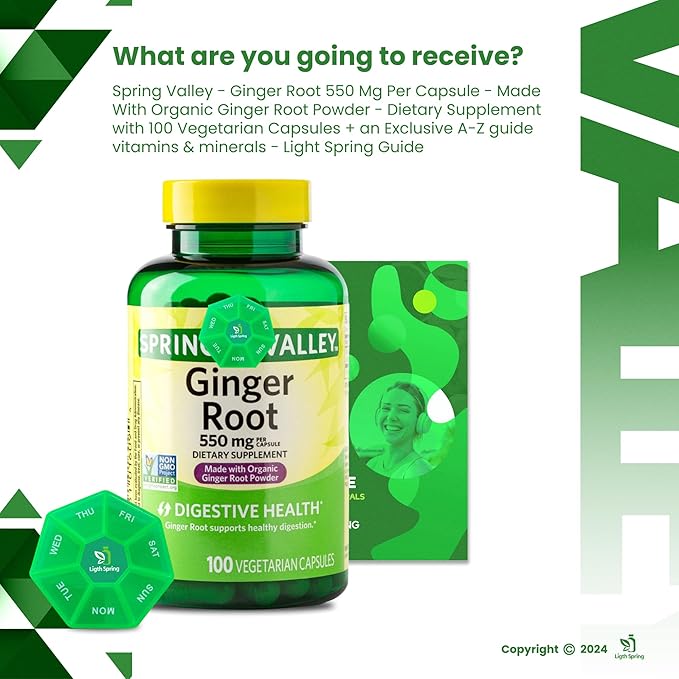 Ginger Root 550 mg, 100 Vegetarian Capsules with Bundle Exclusive Vitamins & Minerals - A to Z - Better Ligth&Spring Guide