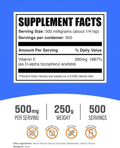 BulkSupplements.com Vitamin E 400 IU Powder - as D-Alpha Tocopherol, Nutritional Supplements - Gluten Free, 500mg per Serving, 250g (8.8 oz) (Pack of 1)