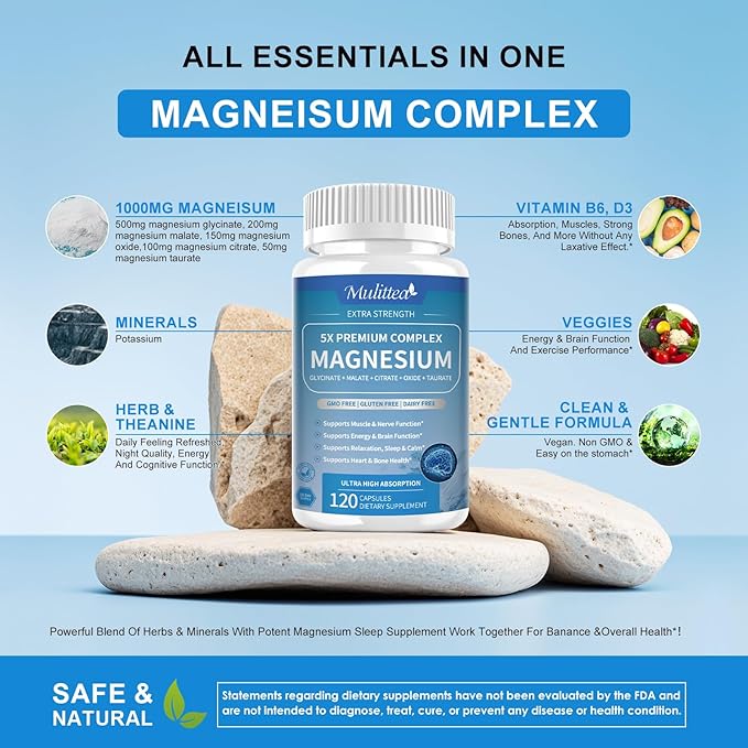 Magnesium Complex Chelated Magnesium Glycinate w/Malate, Taurate& Herbal Extracts for Support Sleep, Muscle,Cortisol & Heart Health, Gluten Free, Vegan, Non GMO, High Absorption,120 Capsules