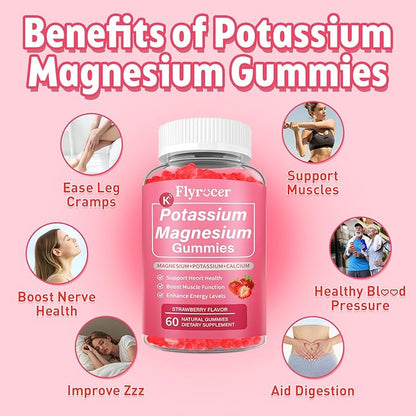 2 Pack Potassium Magnesium Gummies for Men & Women, Potassium Magnesium Supplement for Leg Cramps, Muscle Health, & Electrolyte Balance, Strawberry Flavor, 120 Gummies