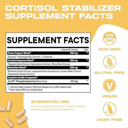 Cortisol Manager & Stabilizer Supplement | Supports Deep Sleep, Relaxation, Adrenal Health & Stress | 300mg Ashwagandha | L-Theanine, Rhodiola Rosea Extract & Apigenin | 180 Capsules