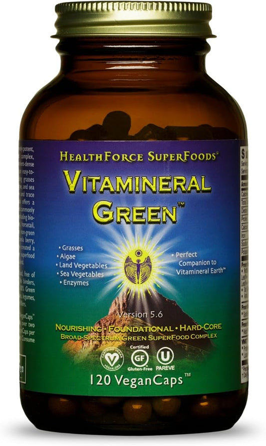 HealthForce SuperFoods Vitamineral Green - Mineral Supplement for Immune & Thyroid Support - Green Powder Supplement with Ingredients from The Land - Gluten-Free & Vegan - 120 Capsules