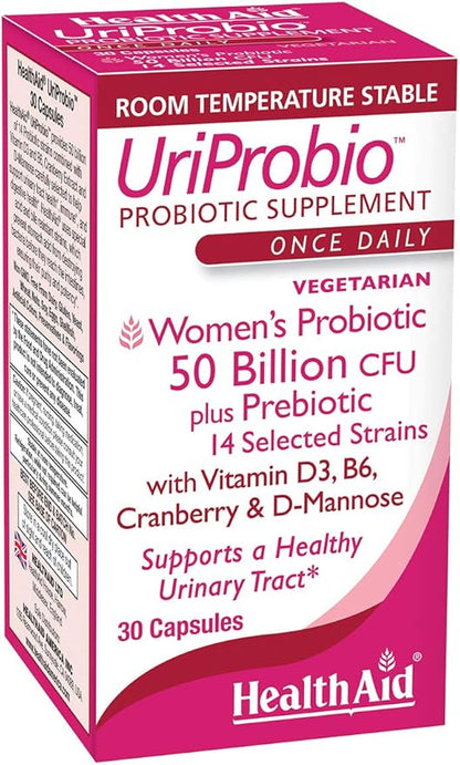 UriProbio, 30 CT, Once Daily, Women's Probiotic Supplement, 50 Billion CFU Plus Prebiotic, Supports a Healthy Urinary Tract with Vitamin D3, B6, Cranberry & D-Mannose, Vegetarian