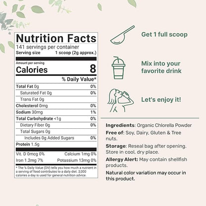 Micro Ingredients Organic Chlorella Powder, 10 Ounce, Broken Cell Wall, Rich in Vegan Proteins & Vitamins, Raw, Bulk Premium Chlorella Supplement, Vegan Friendly, Non-Irradiation
