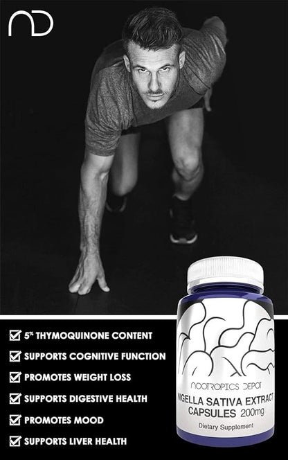 Nootropics Depot Nigella Sativa Extract Capsules | 200mg | 120 Count | Minimum 5% Thymoquinone Content | Black Seed Oil Extract | Supports Brain Health, Memory, Liver Health, and Immune Function